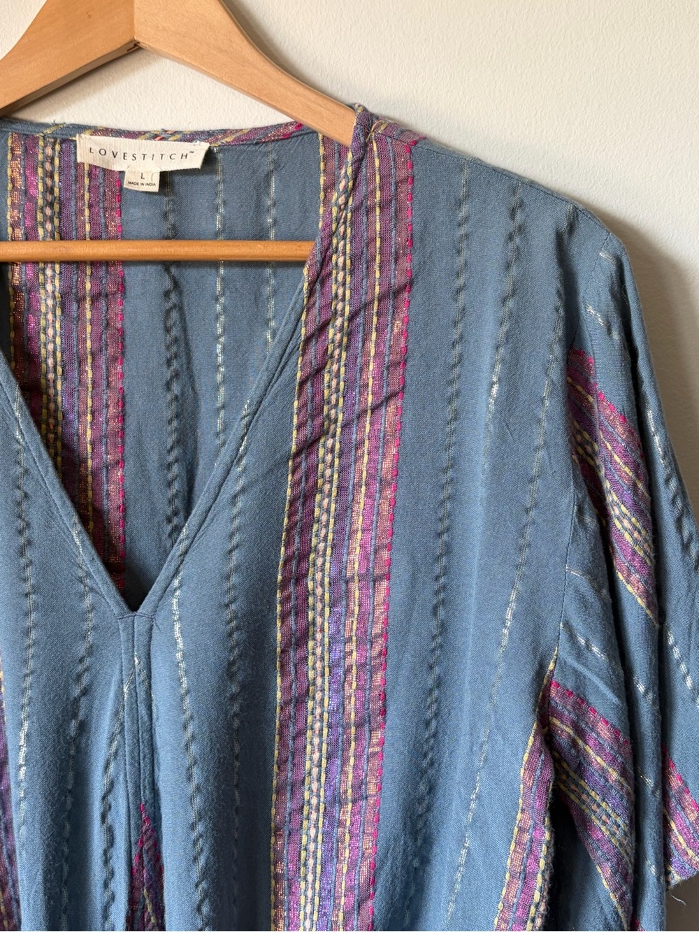 Lovestitch Blue Metallic Stripe Front-Tie Blouse - size Large - boho woven top - Picture 3 of 15